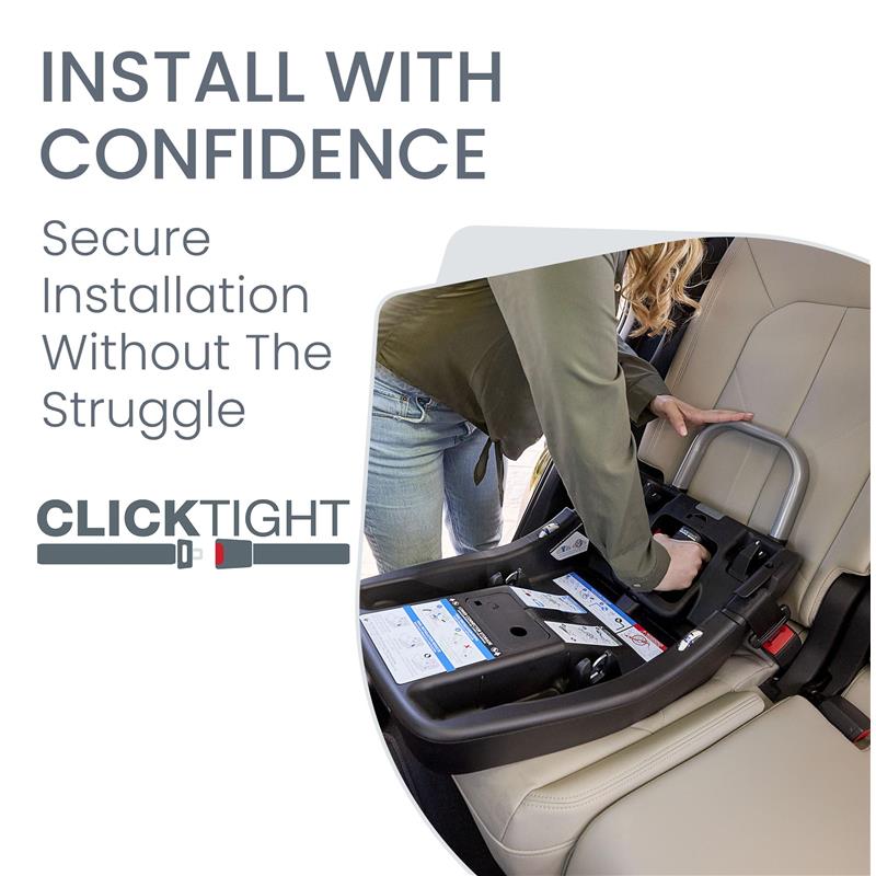 A person installing the Britax ClickTight car seat base into a car seat, highlighting the ease of installation with clear instructions visible.