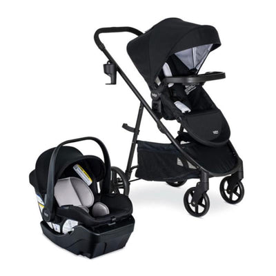 Britax Willow Brook travel system featuring a black stroller and Aspen base car seat in Onyx Glacier color.