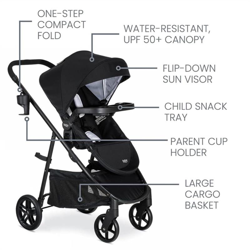 Britax Willow Brook Travel System features a sleek black stroller with a water-resistant canopy and multiple storage options.