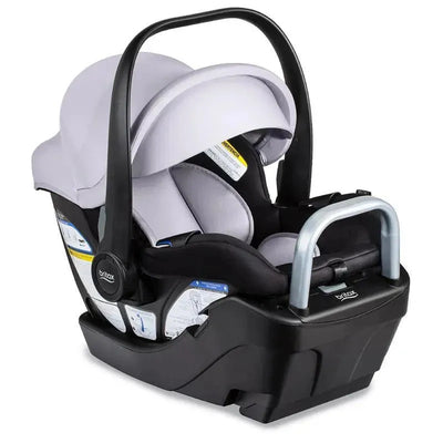 Britax Willow S Infant Car Seat in Glacier Onyx with an anti-rebound base and safety instruction labels visible.