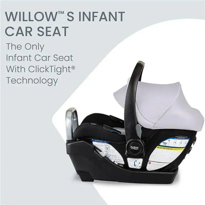 Britax Willow S Infant Car Seat with Alpine Anti-Rebound Base in Glacier Onyx, featuring ClickTight technology and safety instructions.