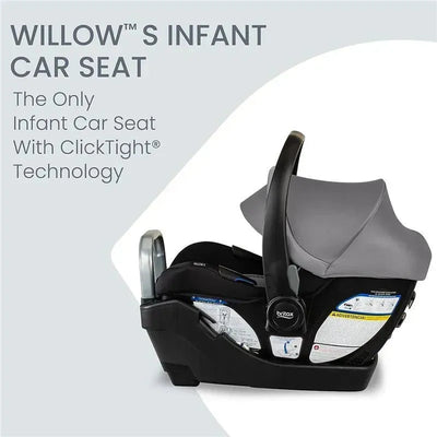 Britax Willow S Infant Car Seat with Alpine Anti-Rebound Base in Graphite Onyx, featuring ClickTight technology and safety instructions.