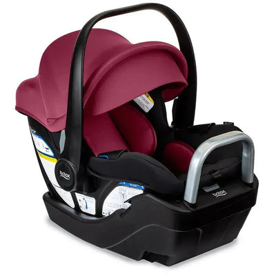 Britax Willow S Infant Car Seat in Ruby Onyx with a black base and anti-rebound design; features a canopy and safety labels.