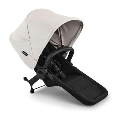 Bugaboo Donkey 6 Sibling Seat in Heritage Black and Misty White, featuring a large canopy and a reclining seat.