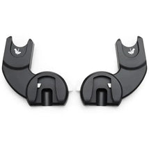 Black baby stroller adapters with white logo, compatible with car seats
