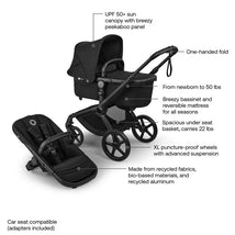 Bugaboo Fox 5 Renew Complete Bassinet & Seat in black, featuring a UPF 50+ sun canopy, spacious under-seat basket, and XL puncture-proof wheels.