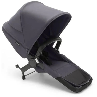 Bugaboo Stormy Blue Donkey 5 Duo Extension, featuring a dark blue canopy and seat frame, designed for child transport.