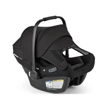 Black infant car seat with canopy and handle, safe baby travel gear for newborns
