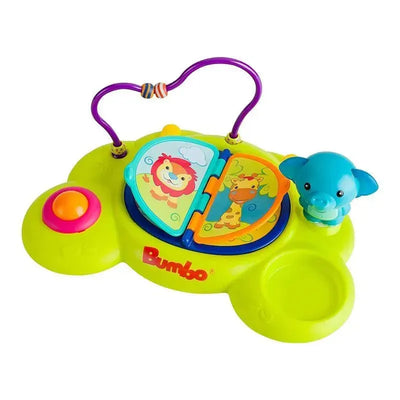 Bright green Bumbo Playtop Safari suction tray with colorful animal graphics, a blue elephant figure, and a large red button.