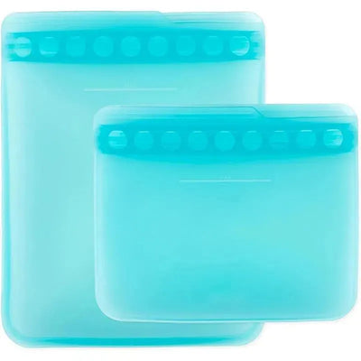 Reusable silicone bags in blue, featuring two sizes with a smooth surface and a sealed top edge.