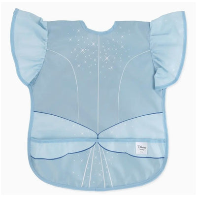 Cinderella-themed ruffle apron bib in light blue with sparkles, designed for children to keep clothes clean while eating.