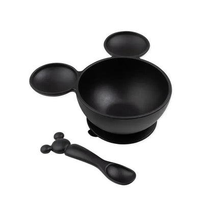 Disney-themed black silicone feeding bowl with Mickey Mouse ears and matching spoon, designed for infants.