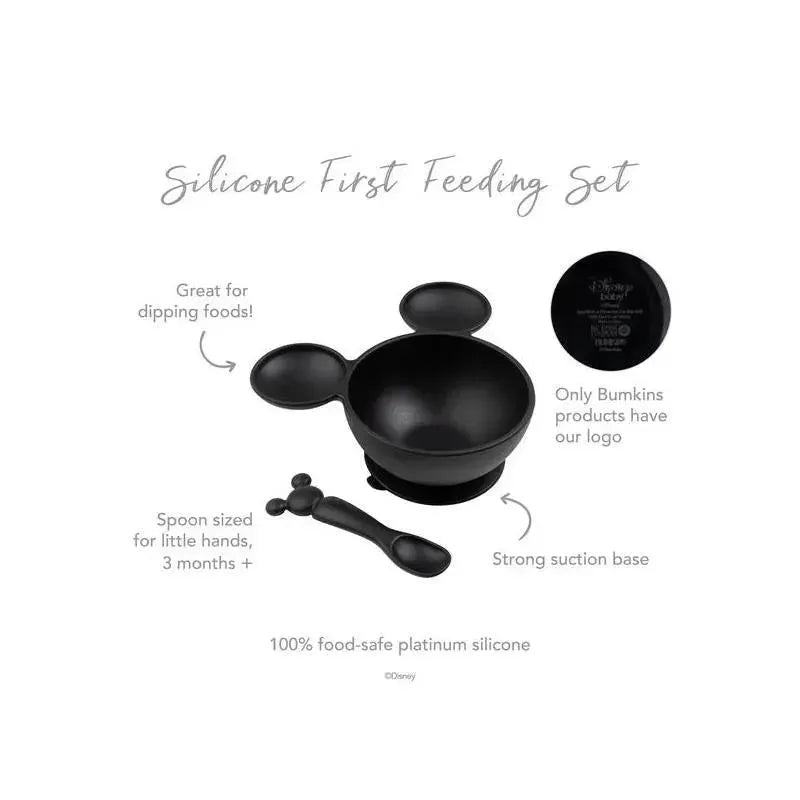 Disney Silicone First Feeding Set in black featuring a bowl with a strong suction base and a small spoon, ideal for toddlers.