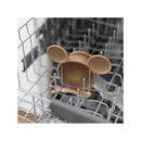 Disney silicone feeding set in dishwasher, featuring a bowl with Mickey Mouse ears and a matching spoon.