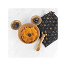 Bumkins Disney silicone feeding set featuring a Mickey Mouse-shaped bowl with orange food and blueberries, accompanied by a wooden spoon.
