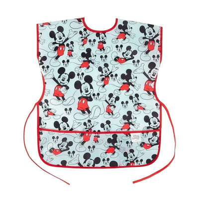 Short-sleeved smock featuring a colorful Mickey Mouse pattern with red accents and a front pocket.