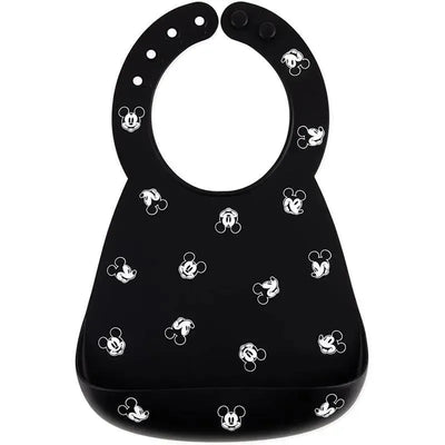 Black silicone bib featuring multiple white Mickey Mouse designs, designed for children to catch food spills.
