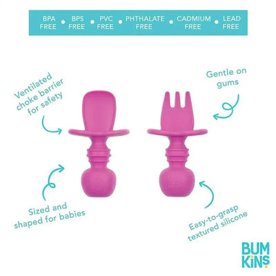 Silicone Chewtensils from Bumkins in red, designed for babies, featuring a gentle fork and spoon with safety choke barrier.