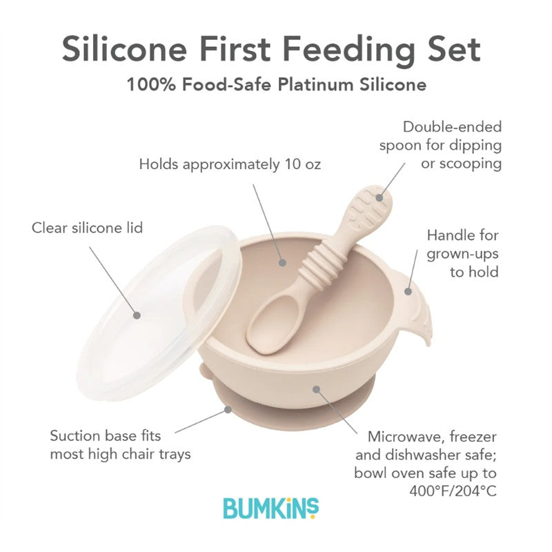 Bumkins Silicone First Feeding Set with Lid and Spoon - Sand Image 6