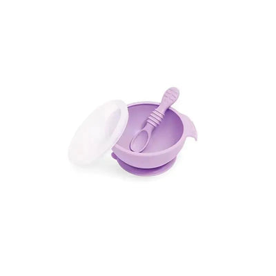 Lavender silicone feeding bowl set with a lid and matching spoon, designed for infants and toddlers.