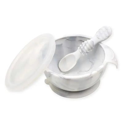 Bumkins Silicone First Feeding Set in marble design, featuring a bowl with lid and a matching spoon.