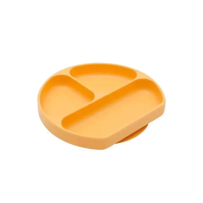 Silicone grip dish in tangerine color with three divided sections designed for baby feeding.