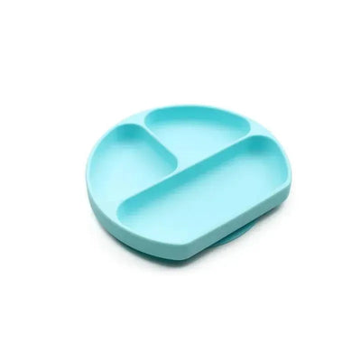 Silicone grip dish in blue with three compartments for easy meal serving and minimizing spills.