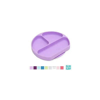 Silicone grip dish by Bumkins in lavender color, featuring three divided sections for food.