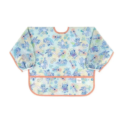 Sleeved bib featuring a colorful Aloha pattern with cartoon characters, guitars, and tropical elements, designed for kids.