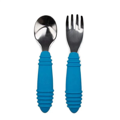Bumkins dark blue spoon and fork set with a silicone grip, featuring a stainless steel scoop and tines.