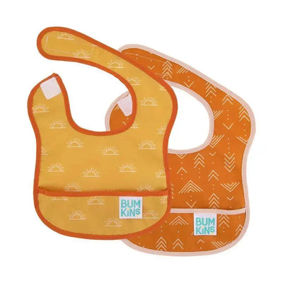 Two Bumkins starter bibs in sunny yellow with sun patterns and orange with arrow patterns, featuring front pockets.