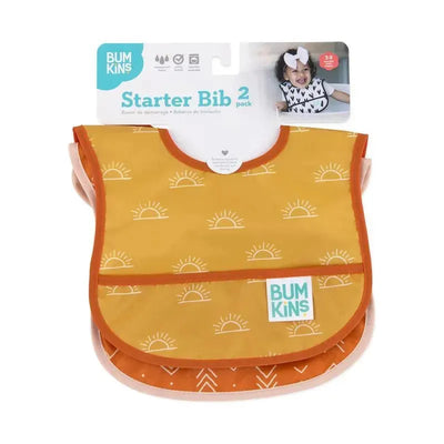 Two Bumkins Starter Bibs in yellow with sun and arrow patterns, packaged for toddlers ages 3-9 months.