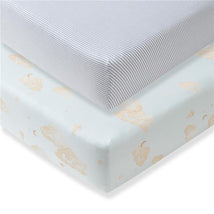 Organic cotton crib sheets set featuring a striped design in gray and white and a clouds pattern in soft pastel tones.