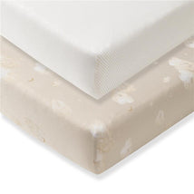 Organic cotton crib sheets set featuring a striped limestone design and a cloud pattern, ideal for a nursery.