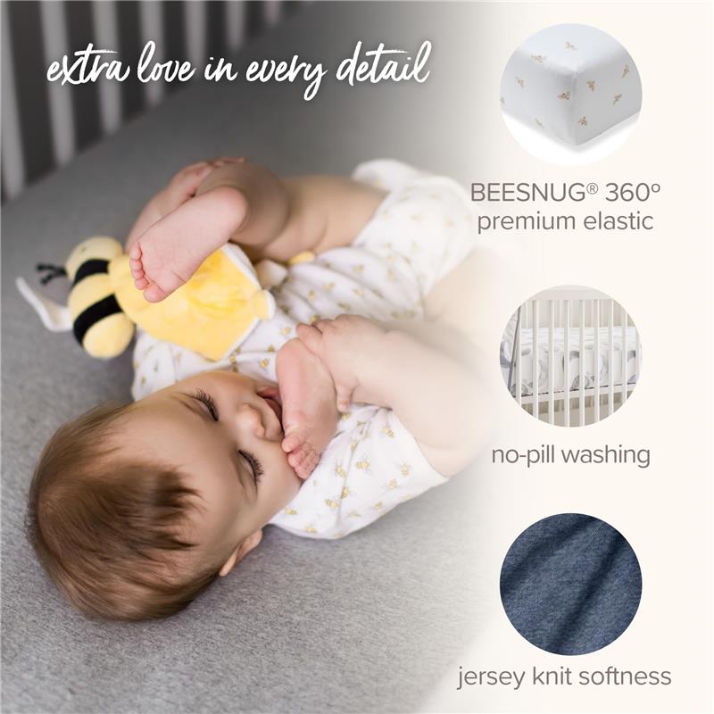Organic cotton crib sheets set featuring a baby playing with a toy, highlighting softness and elastic design details.