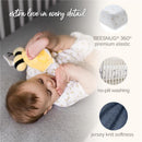 Organic cotton crib sheets set featuring a baby playing with a toy, highlighting softness and elastic design details.