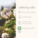 Cotton bolls on a plant with text highlighting 100% organic cotton, earth-friendly, combed yarn, and GOTS certification.