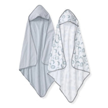 Organic knit terry towels set featuring two designs: one with gray stripes and the other with moon patterns.