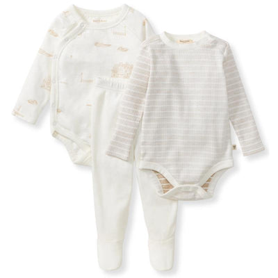 Burts Bees 3-pack bodysuit and pant set in eggshell featuring a patterned long-sleeve bodysuit, textured bodysuit, and pants.