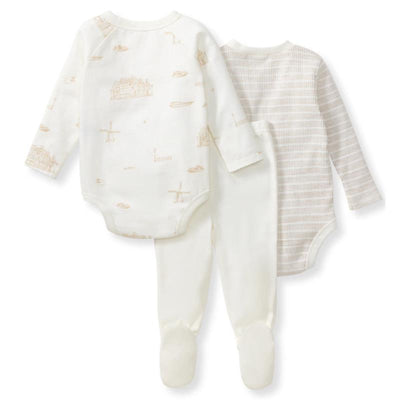 Three-piece set featuring Amsterdam-themed long-sleeve bodysuits and soft pants in eggshell color.