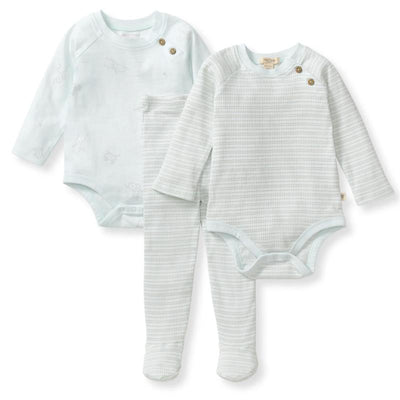 Baby boy bodysuit and pants set featuring two long-sleeve bodysuits in light blue and matching checked pants.