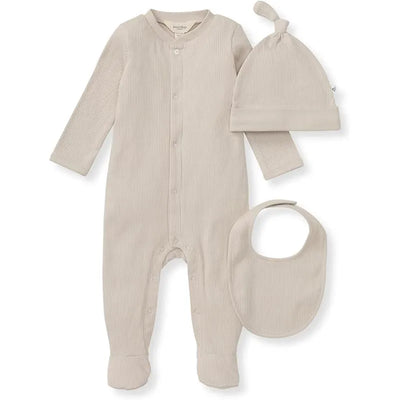 Burts Bees 3-pack set including a limestone-colored ribbed jumpsuit, hat, and bib for infants.