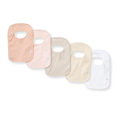 Five organic cotton baby bibs in varying pastel colors, designed for teething and drool, with a small brand label.