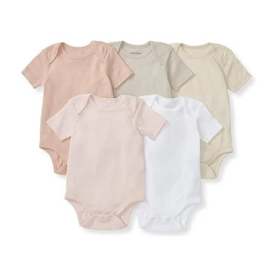 Five short sleeve bodysuits in pastel colors: pink, white, and beige, intended for baby girls.