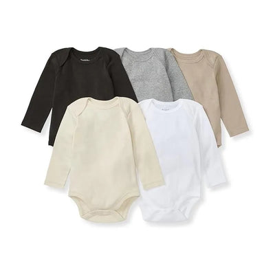 Burts Bees 5-pack of baby unisex long sleeve bodysuits in ash, featuring colors: black, grey, beige, white, and cream.