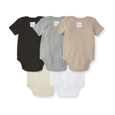 Five short sleeve unisex baby bodysuits in ash tones: black, gray, beige, cream, and white, featuring a label.