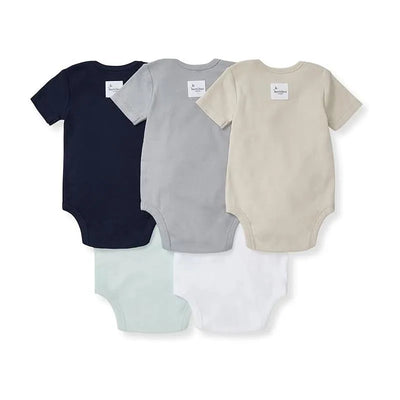 Five short sleeve baby bodysuits in solid colors: navy, gray, beige, mint, and white, featuring a central brand label.