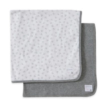 Organic cotton blankets in heather grey, featuring one patterned with light grey bees and the other solid grey.