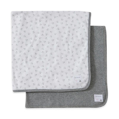 Organic cotton blankets in heather grey, featuring one patterned with light grey bees and the other solid grey.