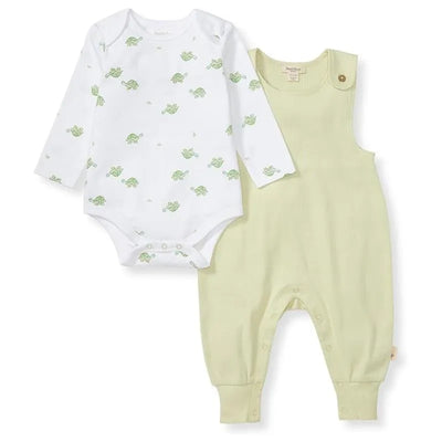 Baby boy jumpsuit and bodysuit set in mint tea, featuring a long-sleeve bodysuit with turtle prints and a mint green jumpsuit.